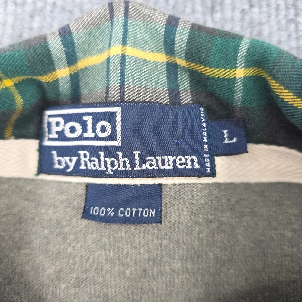 Polo Ralph Lauren Mens Gray Navy Striped Rugby Shirt Plaid Collar Large
